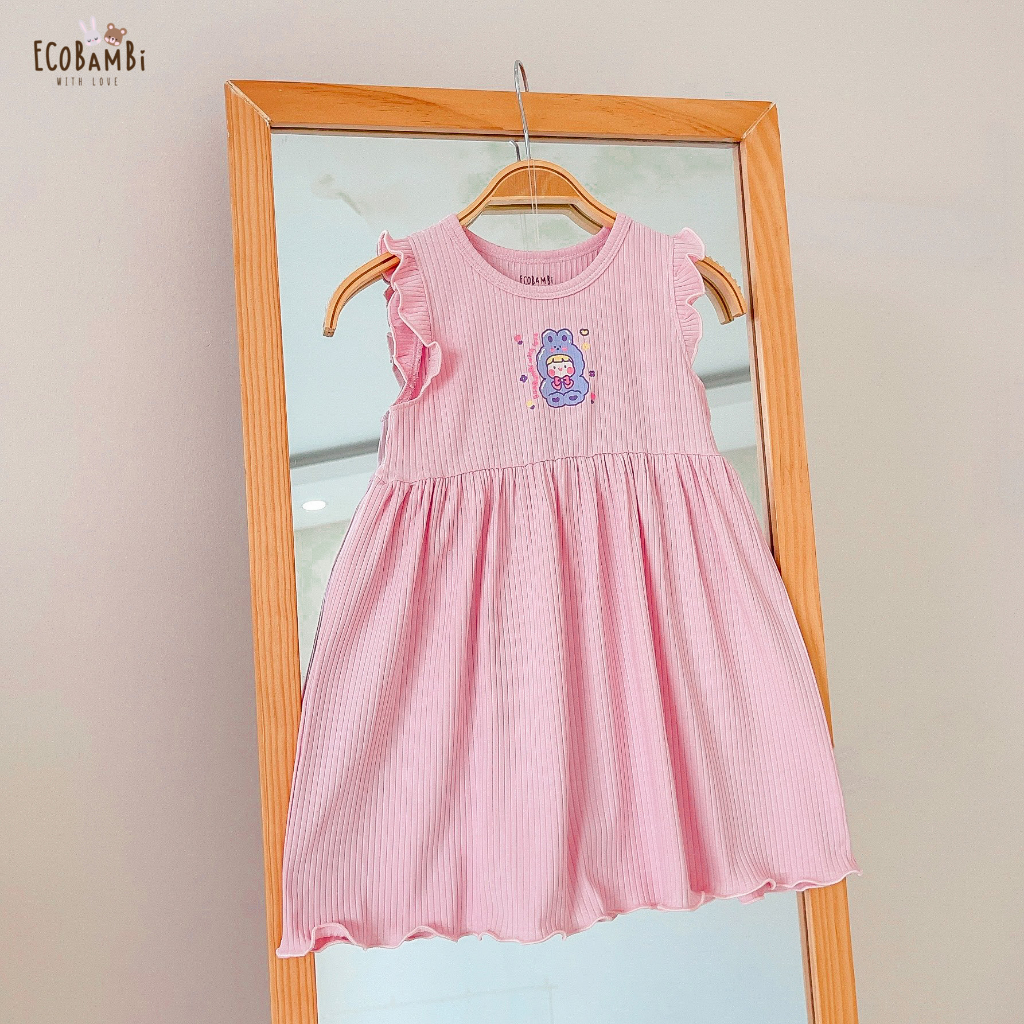 Đầm xoè cotton thun rib tay cánh tiên cho bé gái in họa tiết đáng yêu - ECOBAMBI