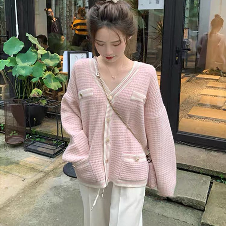 Áo len cardigan dài tay phối màu, Cadigan khoác ngoài form rộng hàng quảng châu loại 1