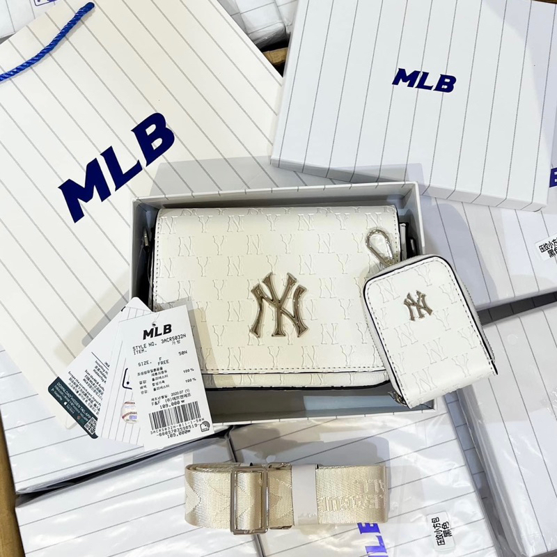 Túi NY đeo chéo nam nữ unisex túi MLB Logo Bạc hộp vuông da vân in chữ 18cm vừa điện thoại
