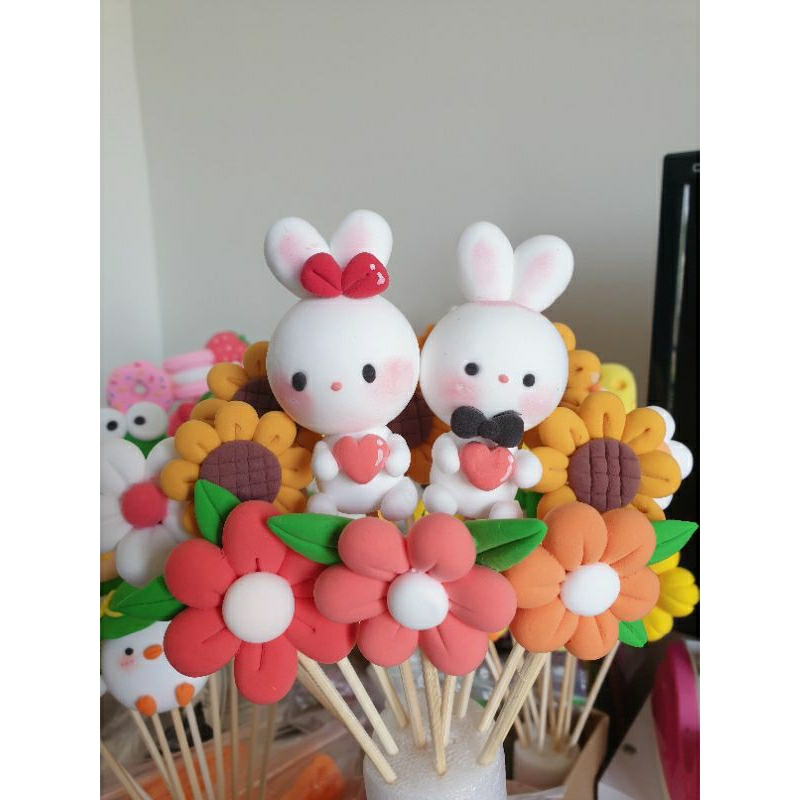 Bó Hoa đất sét tự khô | Hoa đất sét THỎ CẶP siêu đáng yêu | Quà tặng handmade