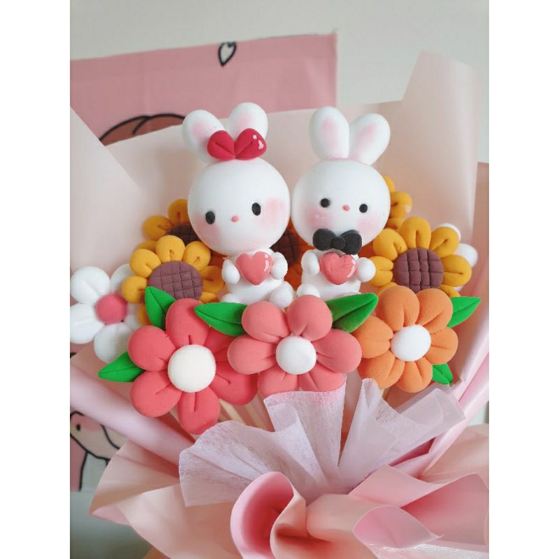 Bó Hoa đất sét tự khô | Hoa đất sét THỎ CẶP siêu đáng yêu | Quà tặng handmade