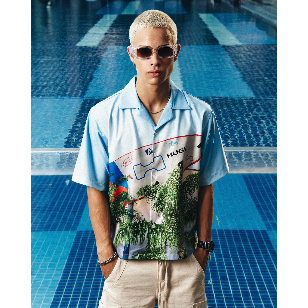 Áo sơ mi họa tiết cuban shirt local brand HUGU - SURFBOARD - vải lụa, form regular, tag logo kim loại, in chuyển nhiệt