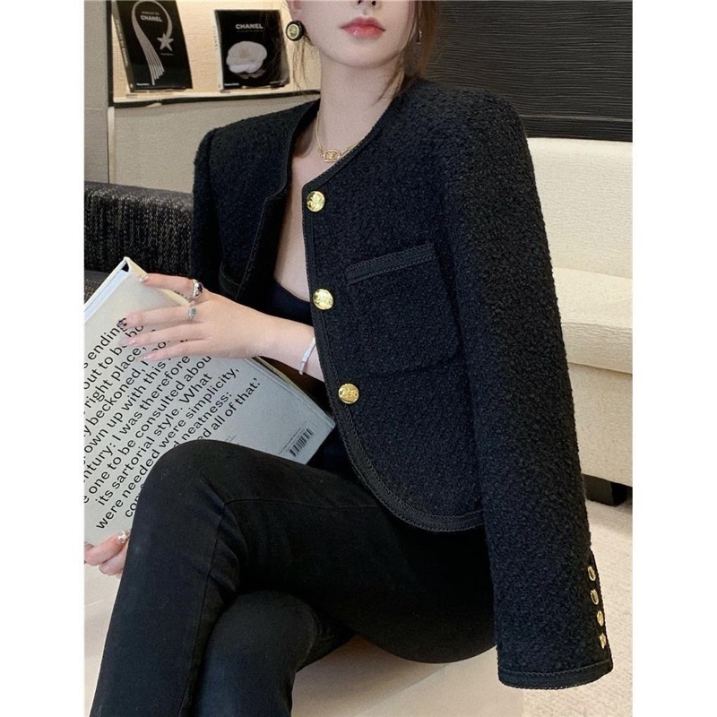 Áo Khoác Dạ Tweed 2 Lớp Đứng Phom, Dáng Ngắn, Nút Kim Loại Thời Trang Sang Chảnh