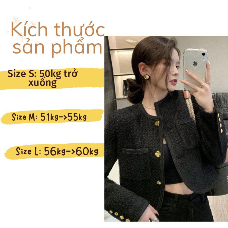 Áo Khoác Dạ Tweed 2 Lớp Đứng Phom, Dáng Ngắn, Nút Kim Loại Thời Trang Sang Chảnh