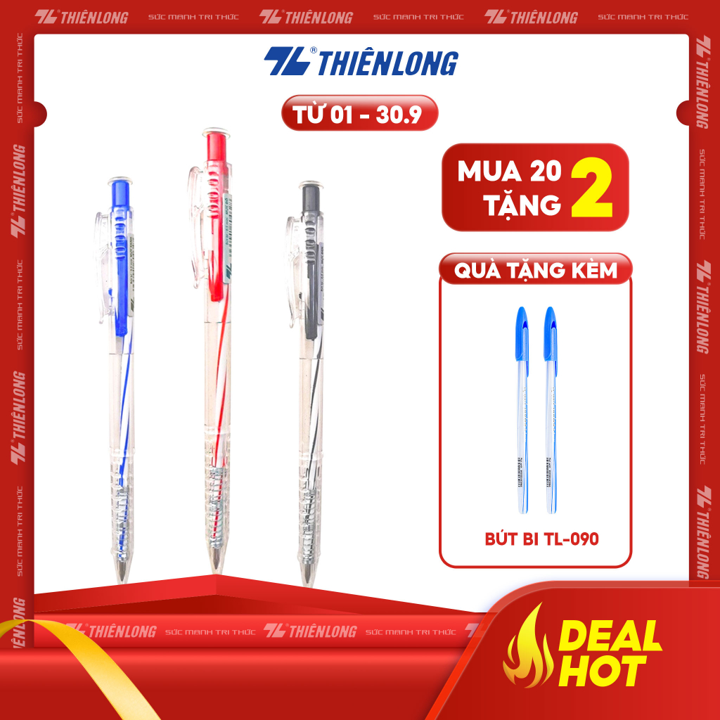 Combo 20 Bút bi Thiên Long TL-027 mực xanh/đỏ/đen/tím ngòi 0.5mm dạng bấm cò, nét đều dành cho học sinh, văn phòng