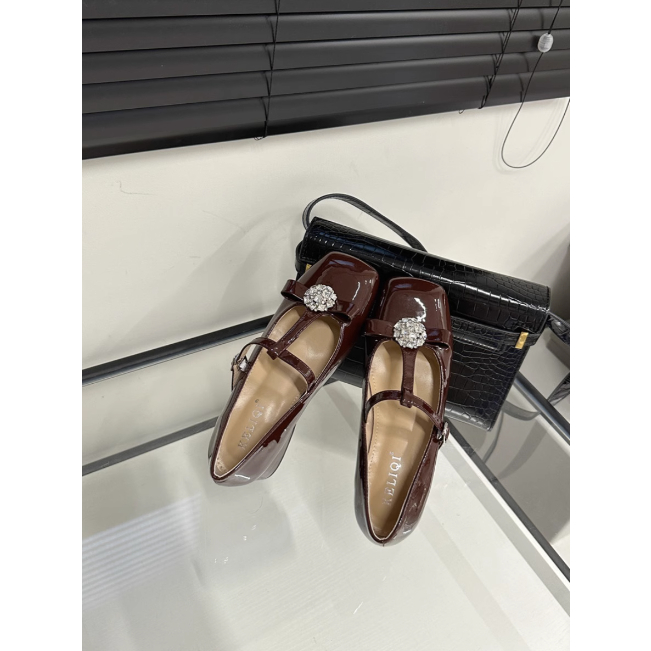 Giày búp bê Mary Jane gót vuông da trơn bóng cho nữ đính hoa đá sáng trọng 2023