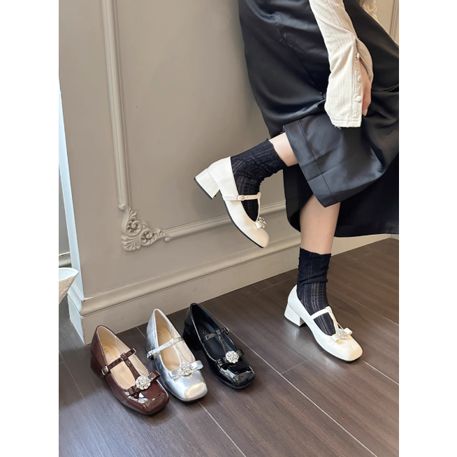Giày búp bê Mary Jane gót vuông da trơn bóng cho nữ đính hoa đá sáng trọng 2023