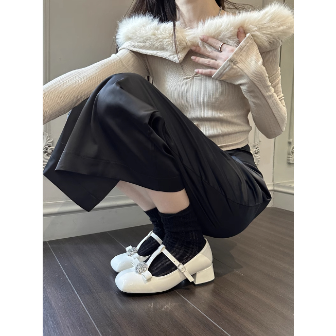 Giày búp bê Mary Jane gót vuông da trơn bóng cho nữ đính hoa đá sáng trọng 2023