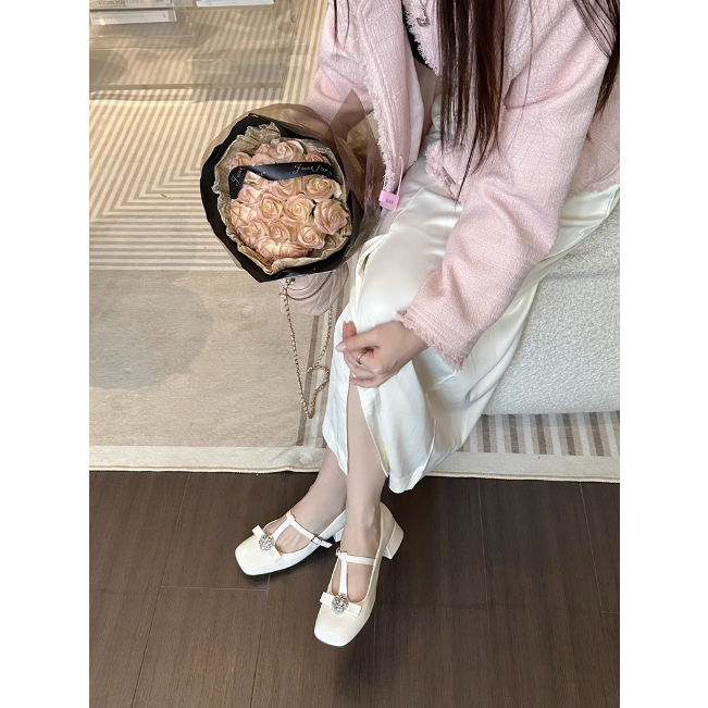 Giày búp bê Mary Jane gót vuông da trơn bóng cho nữ đính hoa đá sáng trọng 2023