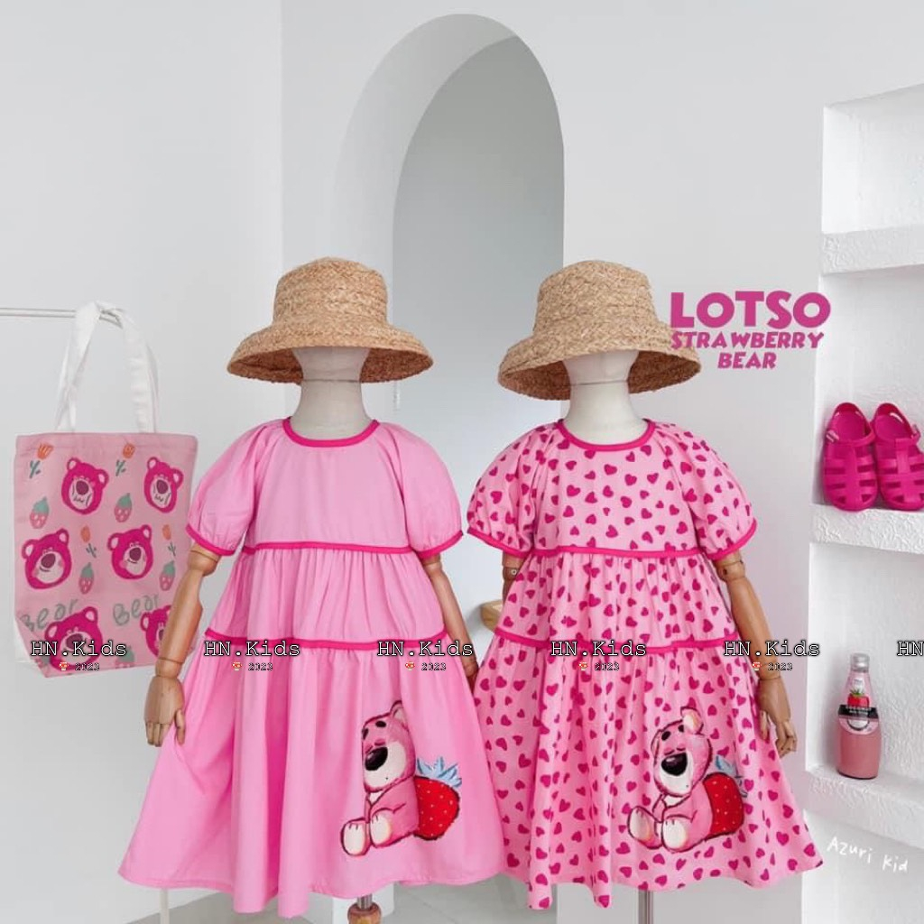 Váy gấu dâu lotso mềm mát may tay bèo điệu đà cho bé gái