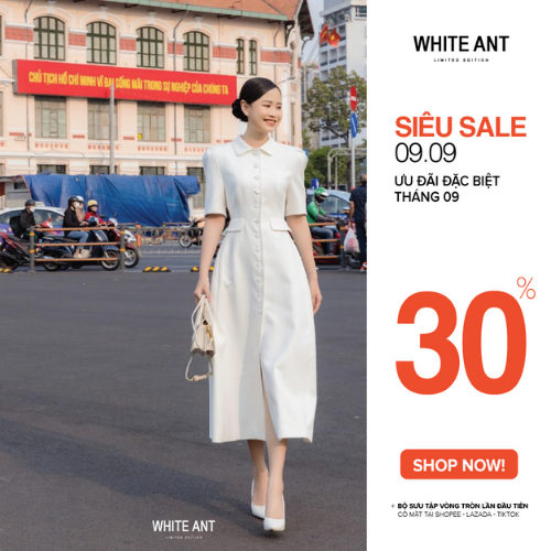 Đầm Sơ Mi Cổ Sen Tay Lỡ White Ant hàng Thiết Kế Cao Cấp PRIMROSE COLLAR FLARE DRESS