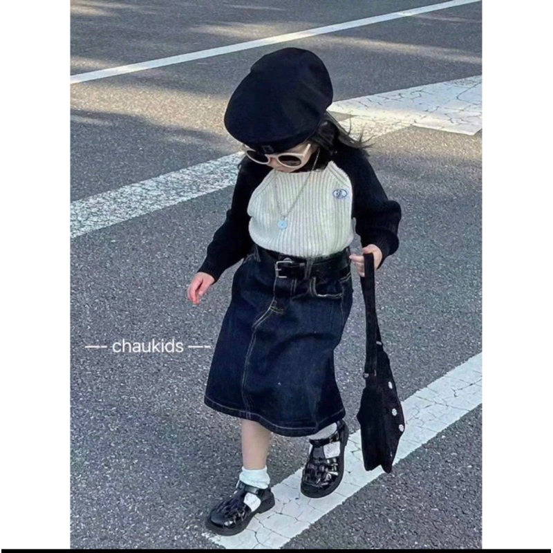 Set chân váy jean kèm đai mix áo nhung tăm mềm