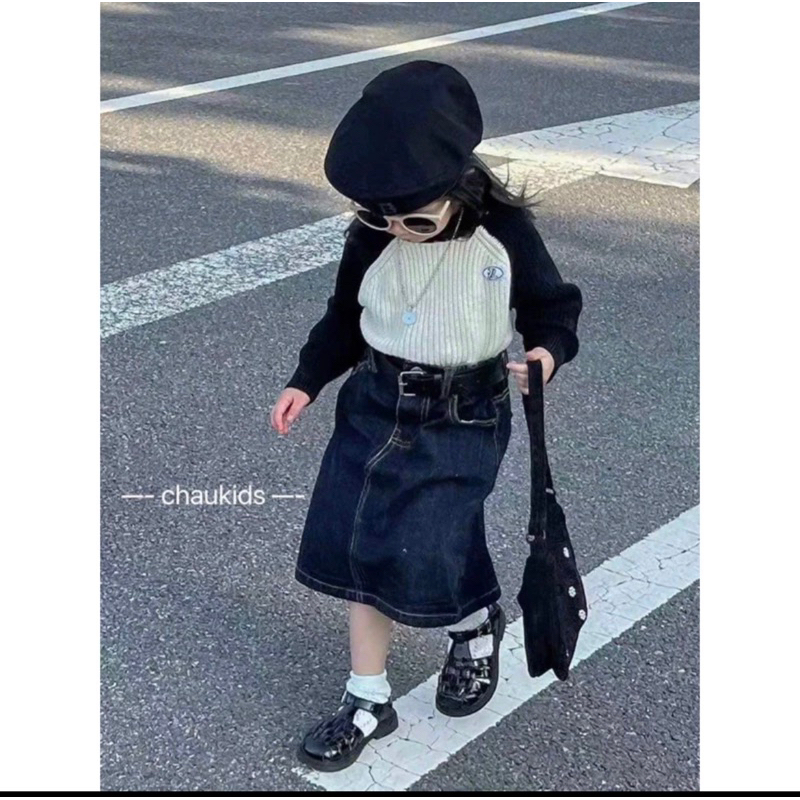 Set chân váy jean kèm đai mix áo nhung tăm mềm