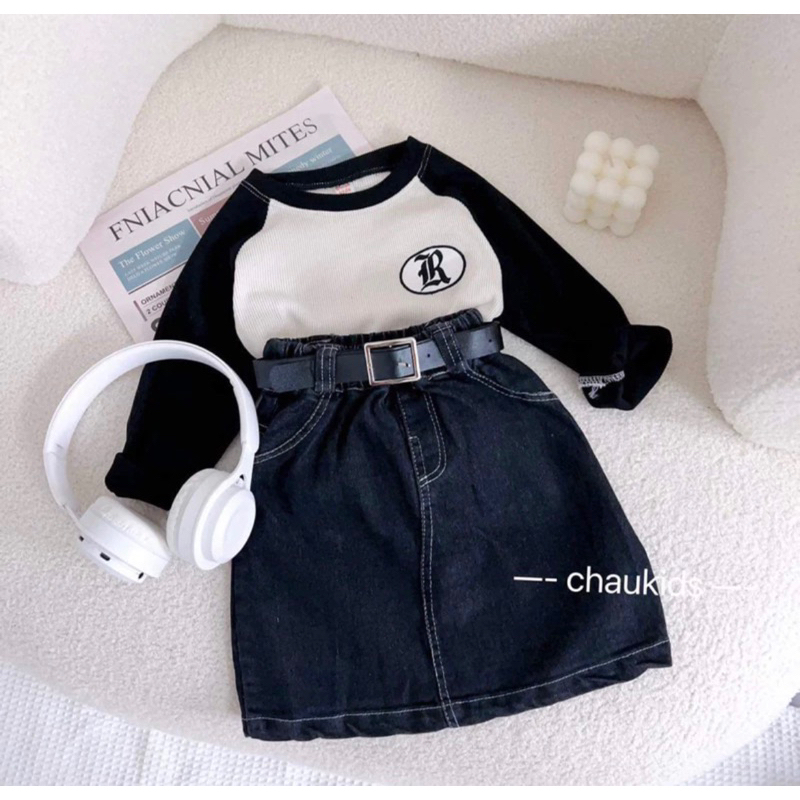 Set chân váy jean kèm đai mix áo nhung tăm mềm
