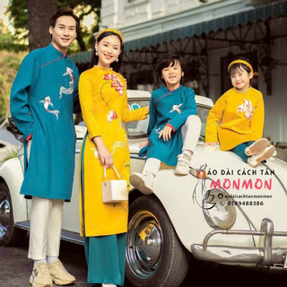 Áo dài gia đình THANH NGÂN || áo dài kiểu cách tân hiện đại áo dài cách tân gia đình vàng phối xanh áo dài tết