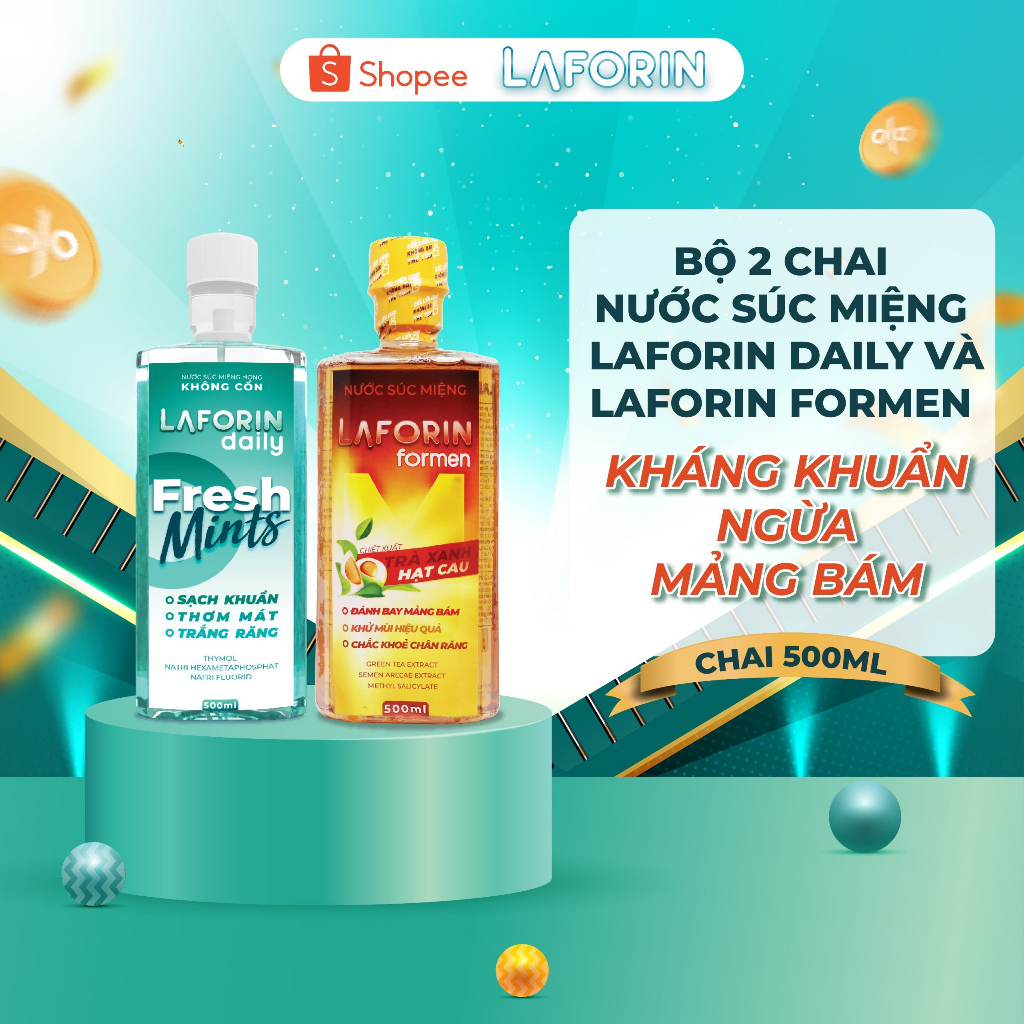 Bộ 2 chai nước súc miệng kháng khuẩn, ngừa mảng bám Laforin Daily và Laforin Formen 500ml