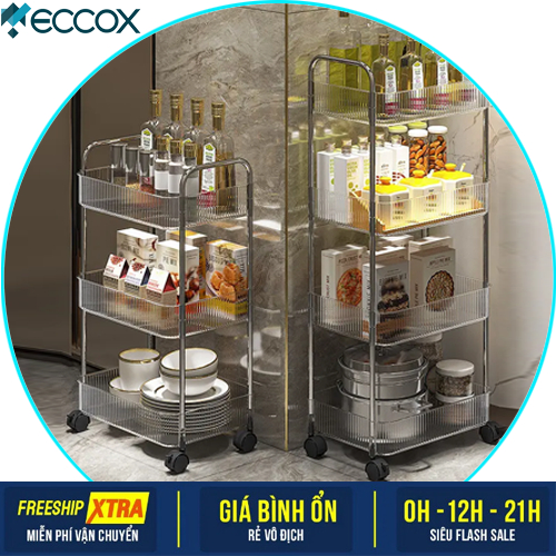 Kệ xe đẩy đựng đồ đa năng có bánh xe di chuyển cho Spa, phòng tắm, bếp chất liệu thép cao cấp hàng nhựa trong suốt