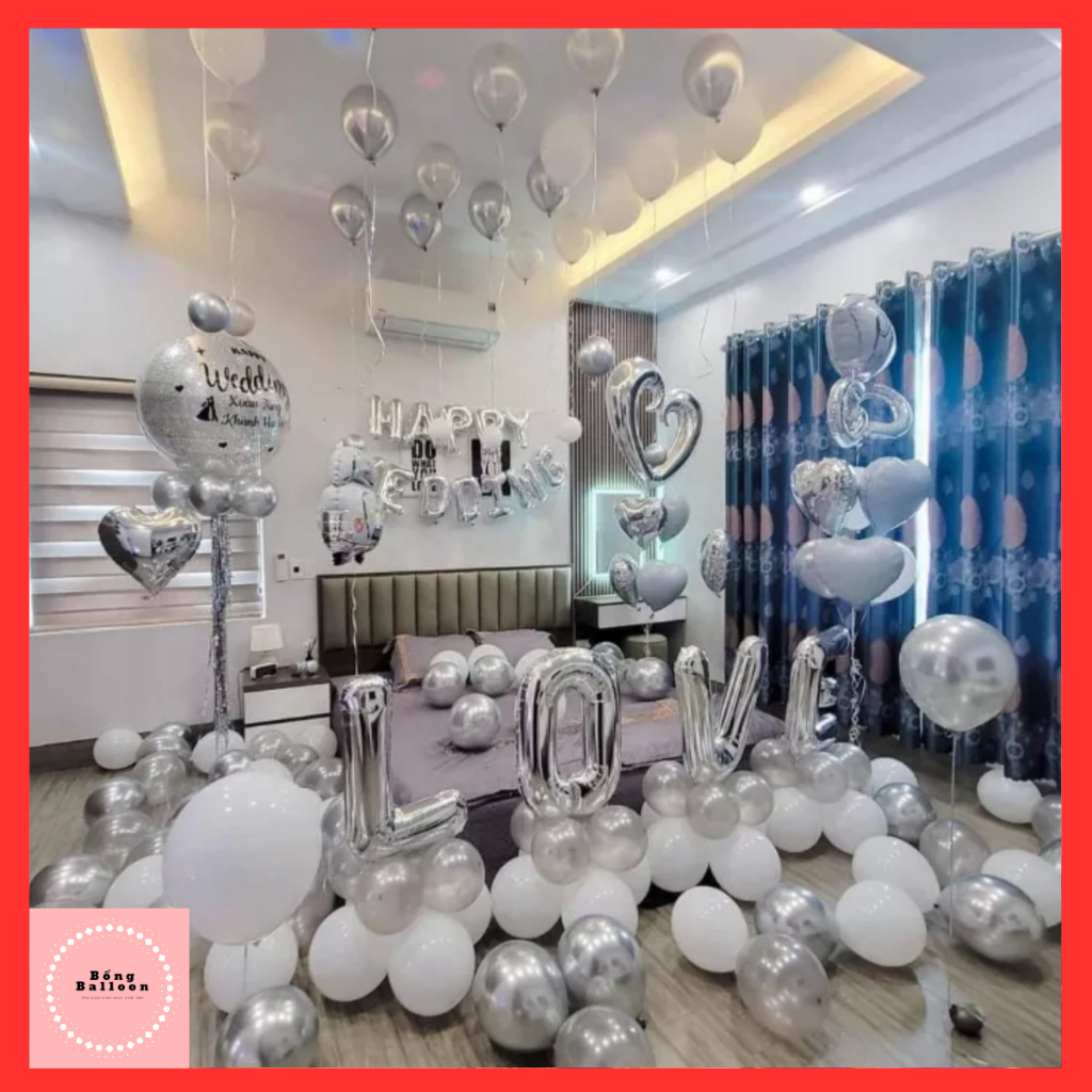Set bóng bay trang trí phòng cưới đám cưới màu bạc c33 của Bống Balloon shop 🎈Tặng combo 3 chữ hỷ + cánh hoa lụa