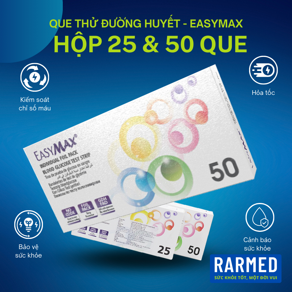 Hộp 25 & 50 que thử đường huyết máy Easymax TAG và Easymax MU