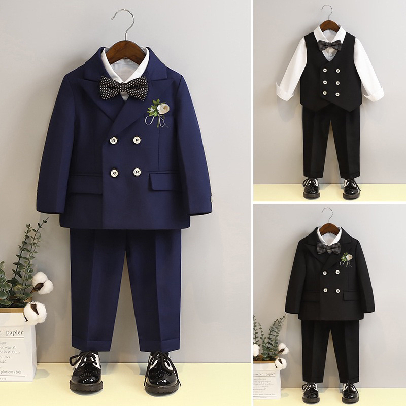 SET VEST KÈM ÁO KHOÁC MÀU ĐEN CHO BÉ TRAI KÈM NƠ VÀ HOA