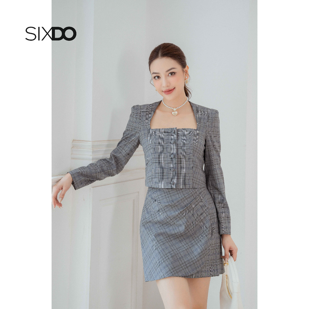 Chân váy chữ A vạt trước SIXDO (Dark Grey Check Mini Woven Skirt)