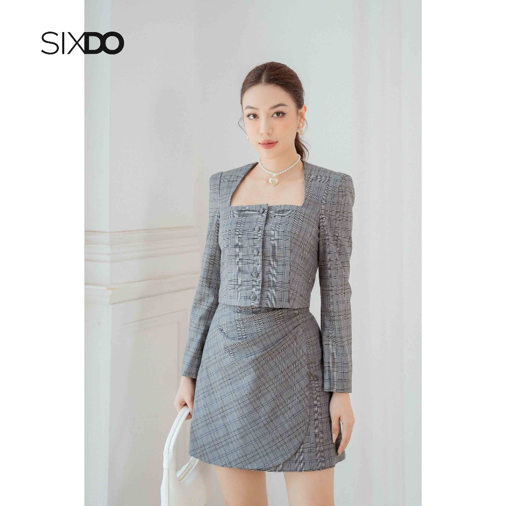Chân váy chữ A vạt trước SIXDO (Dark Grey Check Mini Woven Skirt)