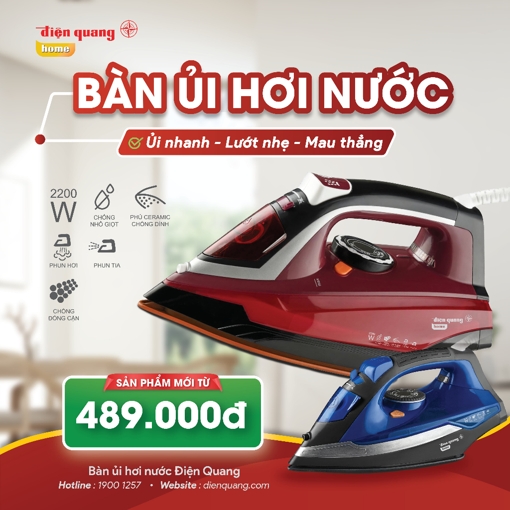 Bàn ủi hơi nước Điện Quang ĐQ SI01 2248 RBL (Màu Đỏ - Đen, 2200W, 480ml)