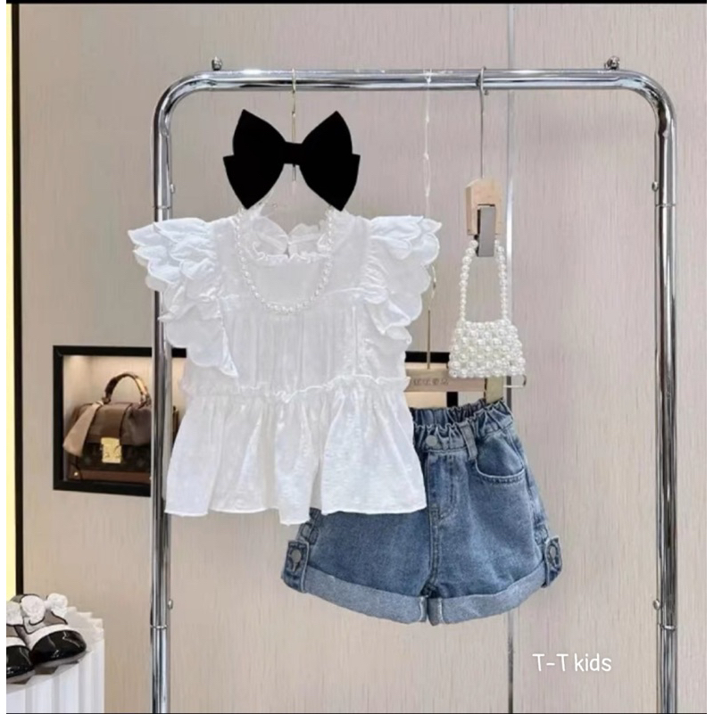 10-19kg set áo babydoll kèm quần sooc bò cho bé gái, set đồ đi chơi cho bé gái