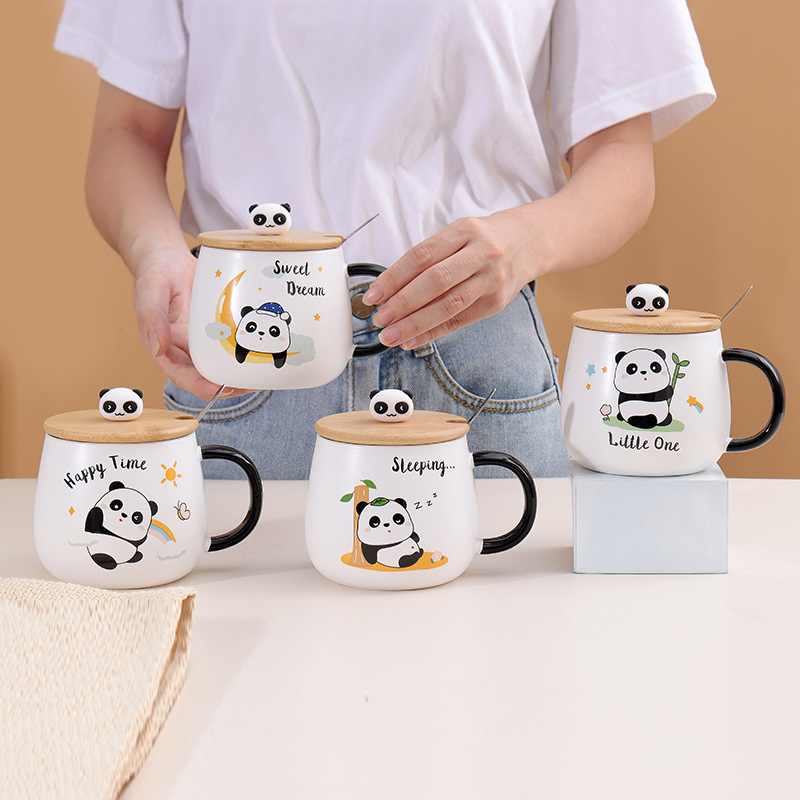 Cốc ly sứ Gấu trúc Panda 2 mẫu Ráp kèm nắp và thìa mẫu mã đáng yêu dung tích 480ml dùng hàng ngày, quà tặng