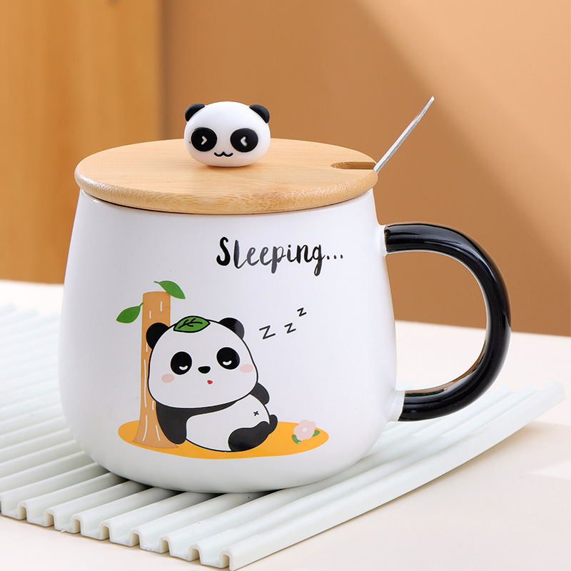 Cốc ly sứ Gấu trúc Panda 2 mẫu Ráp kèm nắp và thìa mẫu mã đáng yêu dung tích 480ml dùng hàng ngày, quà tặng