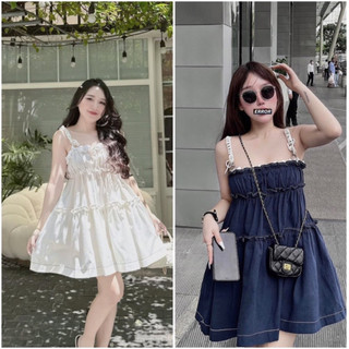 Đầm Babydoll 2 dây denim phối xích viền bèo tầng , đầm 2 dây form xoè