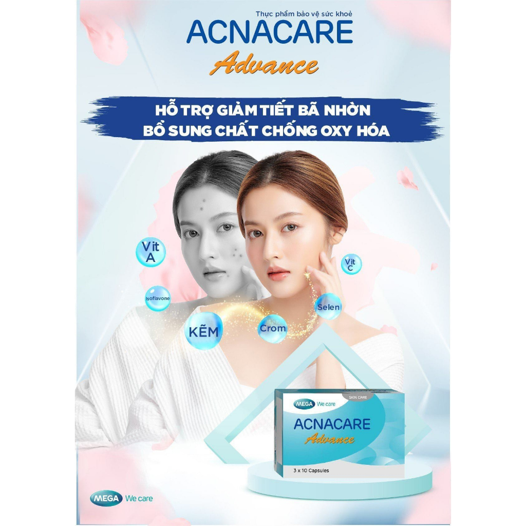 Viên uống, gel Acnacare  giảm tiết bã nhờn da dầu, ngăn mụn, chống oxy hóa