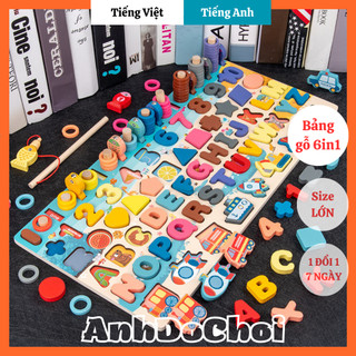 Đồ chơi Bảng gỗ Câu cá gỗ 6 trong 1 kèm hình khối, số, chữ và phương tiện...