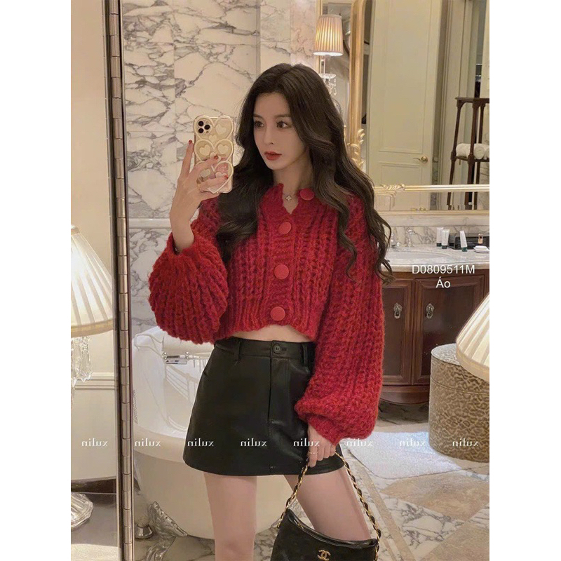 Áo len croptop tay dài gài nút hàng Quảng Châu