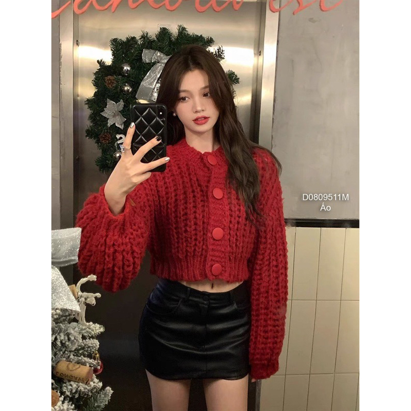 Áo len croptop tay dài gài nút hàng Quảng Châu
