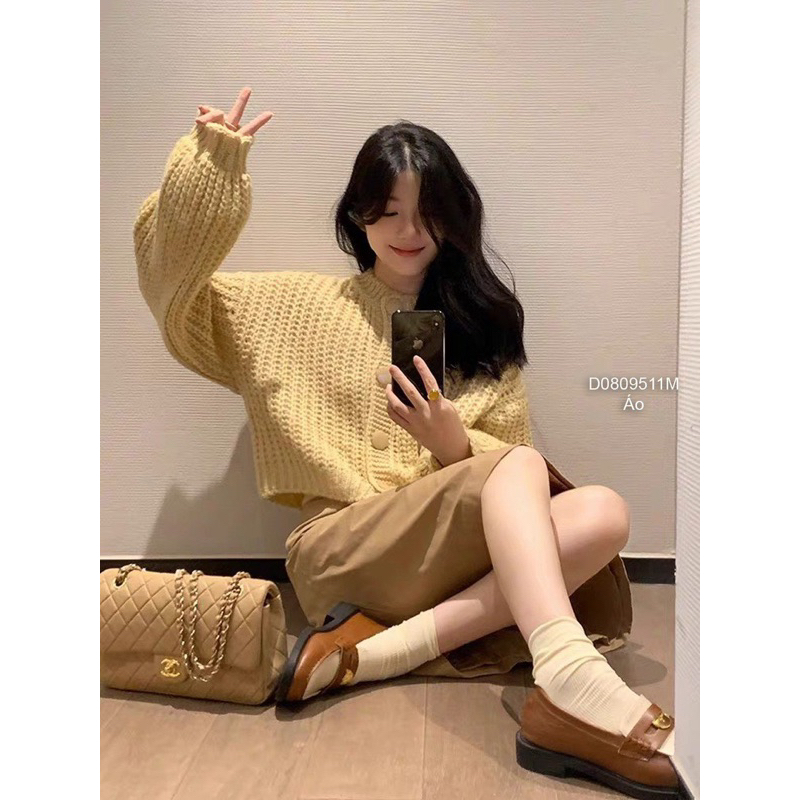 Áo len croptop tay dài gài nút hàng Quảng Châu