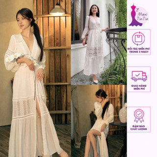 Đầm váy maxi đi biển đi tiệc xẻ tà chất ren lụa màu trắng sẵn mút phong cách tiểu thư nàng thơ-MaxiTinTin