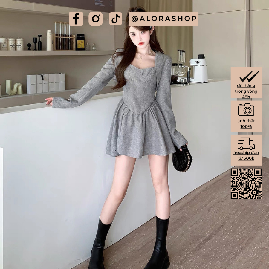 Set Váy 2 dây ghi dáng xòe kèm áo khoác dáng ngắn  thời trang nữ Alora