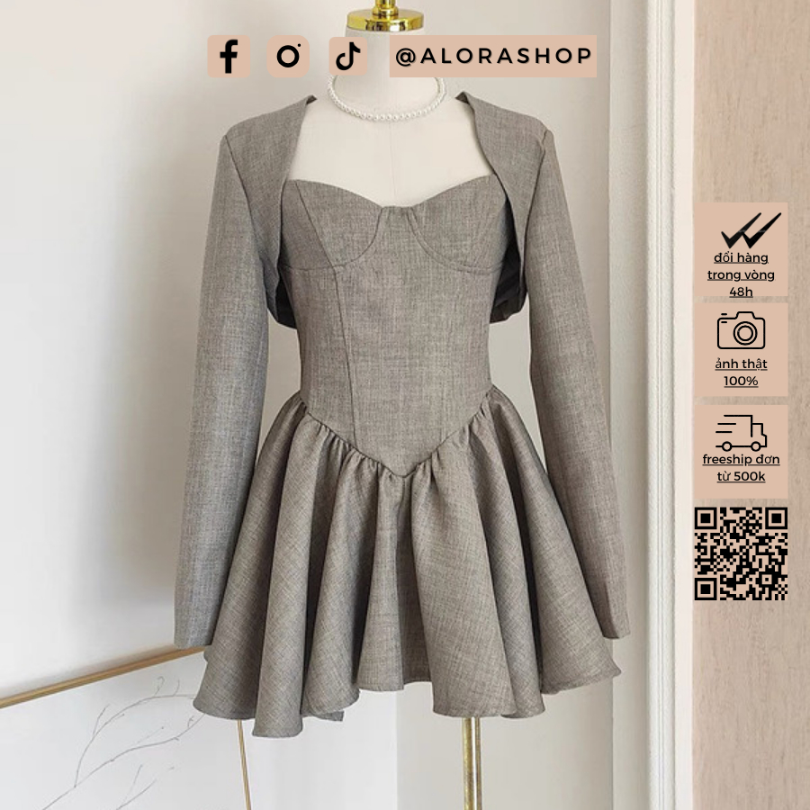 Set Váy 2 dây ghi dáng xòe kèm áo khoác dáng ngắn  thời trang nữ Alora