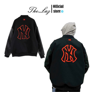  Áo Khoác Bomber MLB NY Thêu Chữ Đỏ Cao Cấp-Áo Bomber NY Phối Tay Da Cao Cấp Form Dáng Unisex 