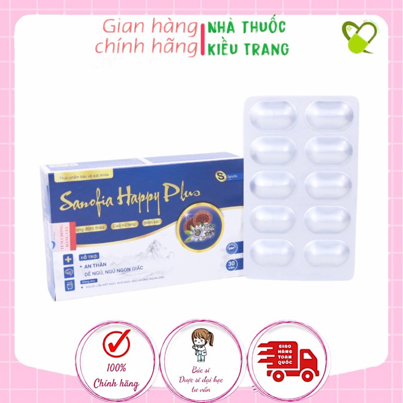 Viên uống Sanofia Happy Plus - Giúp dễ ngủ, an thần, ngủ ngon giấc. Hộp 30 viên