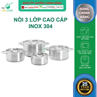 Bộ Nồi Inox 3 lớp đáy liền khối cao cấp FIVE STAR Plus FPB4004 Nắp Inox 4 Món , Dùng Được Mọi Bếp, bảo hành 25 năm