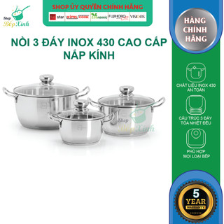 Bộ nồi inox Fivestar 3 món nắp kính 3 đáy dùng được bếp từ bếp từ , gas, hồng ngoại