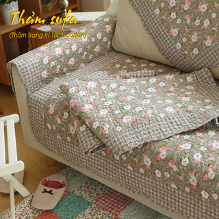 Thảm sofa 100% cotton chống bụi phong cách cổ điển - Thảm cotton hoa nâu cafe - Thảm trải sofa 100% cotton - Vỏ gối sofa