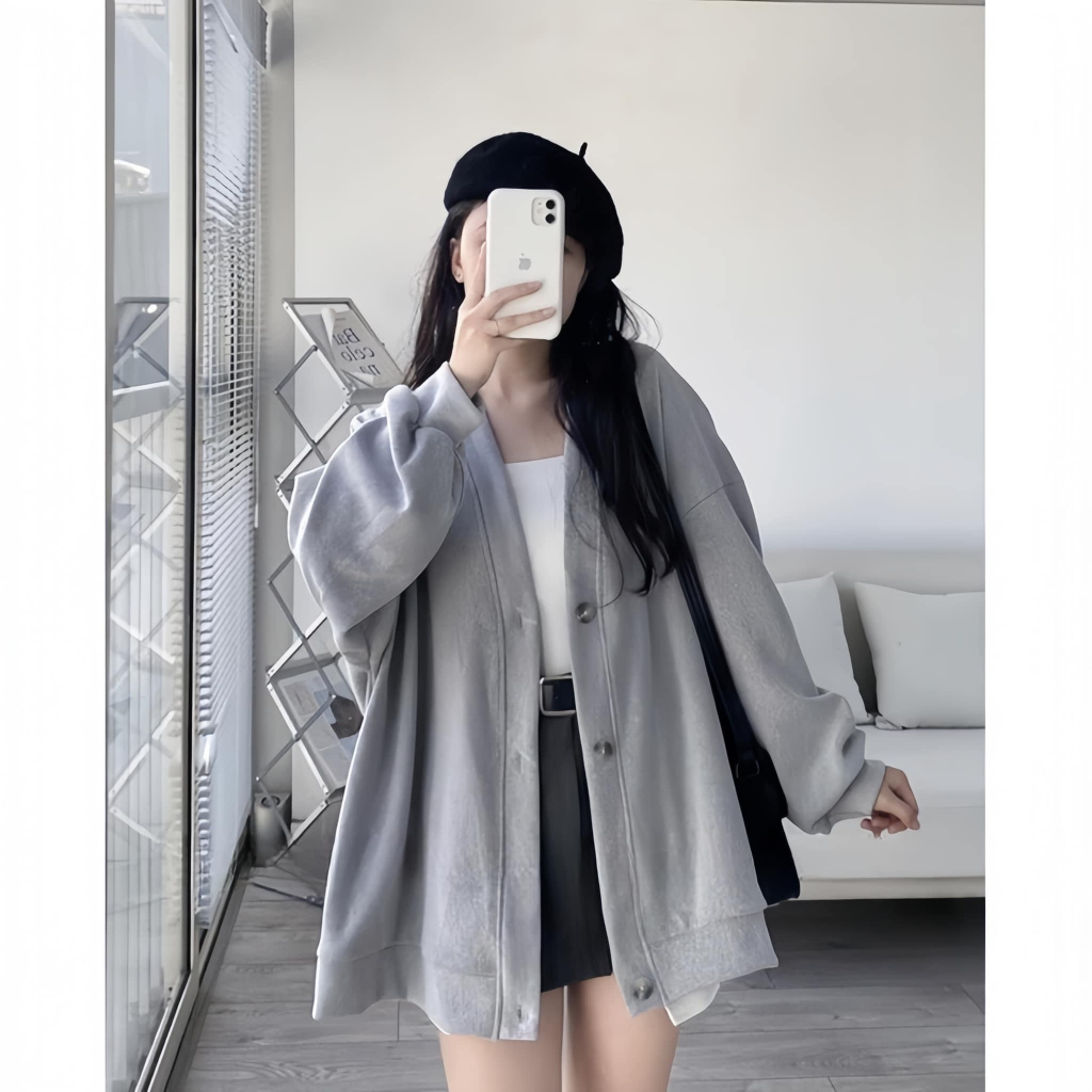 Áo khoác nỉ có cúc Unisex form rộng trơn nhiều màu mặc quanh năm phong cách Hàn