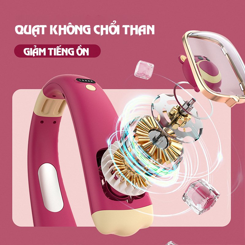 Quạt đeo cổ gấu dâu Lotso quà tặng cho bé pin 4000mAh chạy liên tục 24h