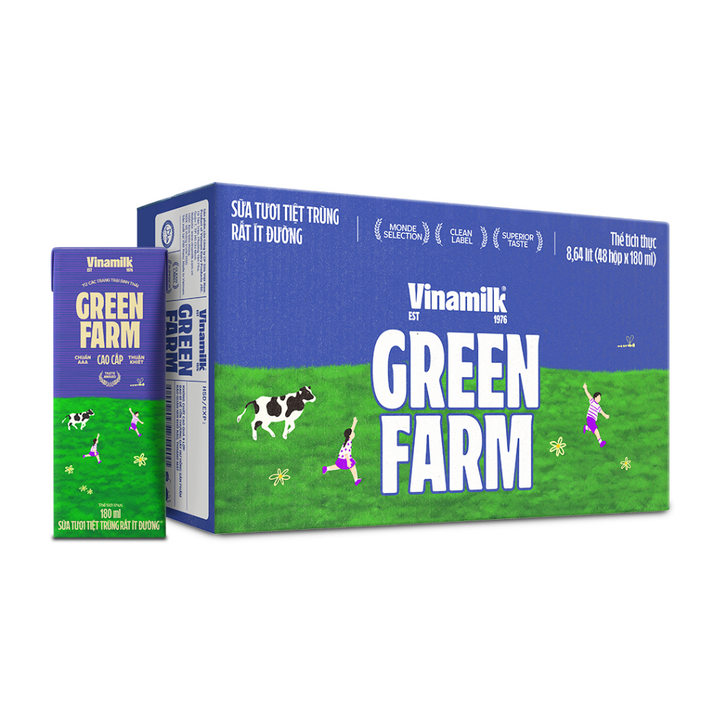 Thùng 48 Hộp Sữa Tươi Tiệt Trùng Vinamilk Green Farm Rất ít đường - Lốc 4 Hộp 180ml