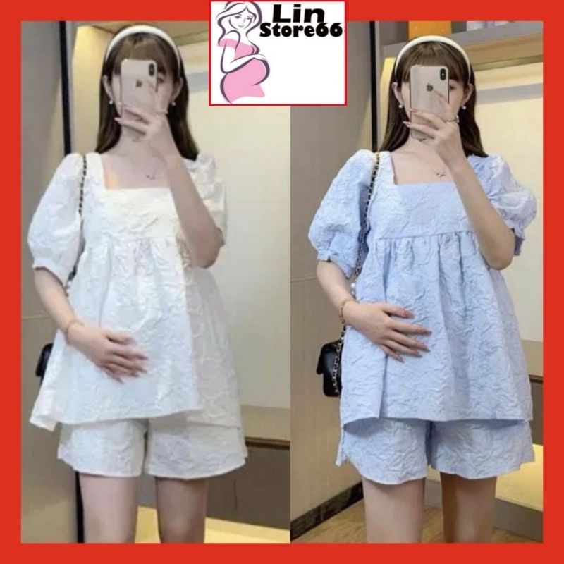 Bộ Đồ Bầu Chất Đũi Xốp Đẹp Cổ Vuông Tay Ngắn Freesize Dưới 70kg A034 Lin Store66