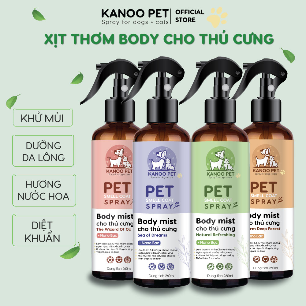 Bodymist xịt thơm khử mùi cho chó mèo KANOO PET 260ml dưỡng da lông, thơm lâu hương nước hoa, khử khuẩn, an toàn