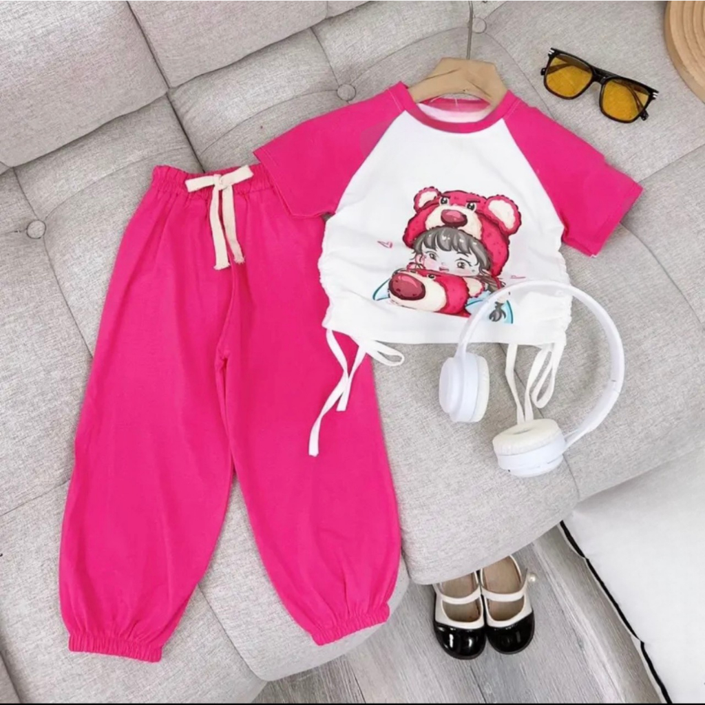 Set áo cộc tay Cô gái Lotso rút dây phối quần dài bo chun, Bộ cotton áo đáng yêu cho bé gái năng động,